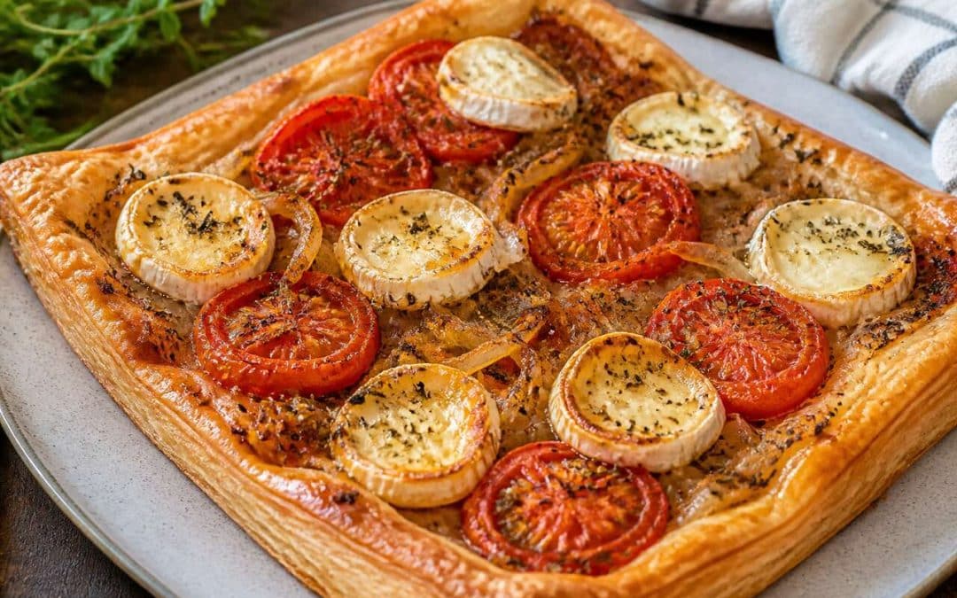 Recette de tarte feuilletée au chèvre, tomates et oignon