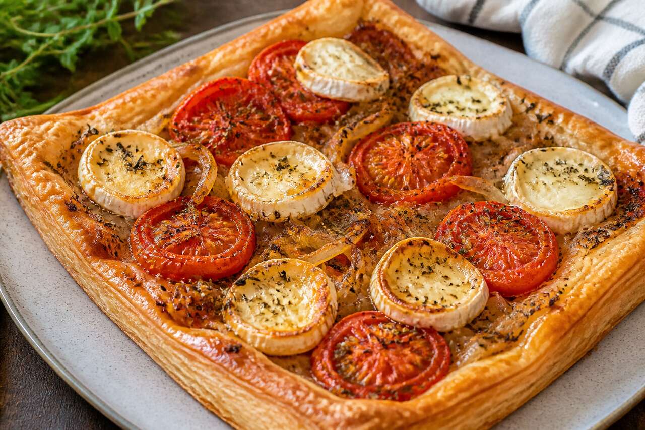 Recette de tarte feuillet&eacute;e au ch&egrave;vre, tomates et oignon