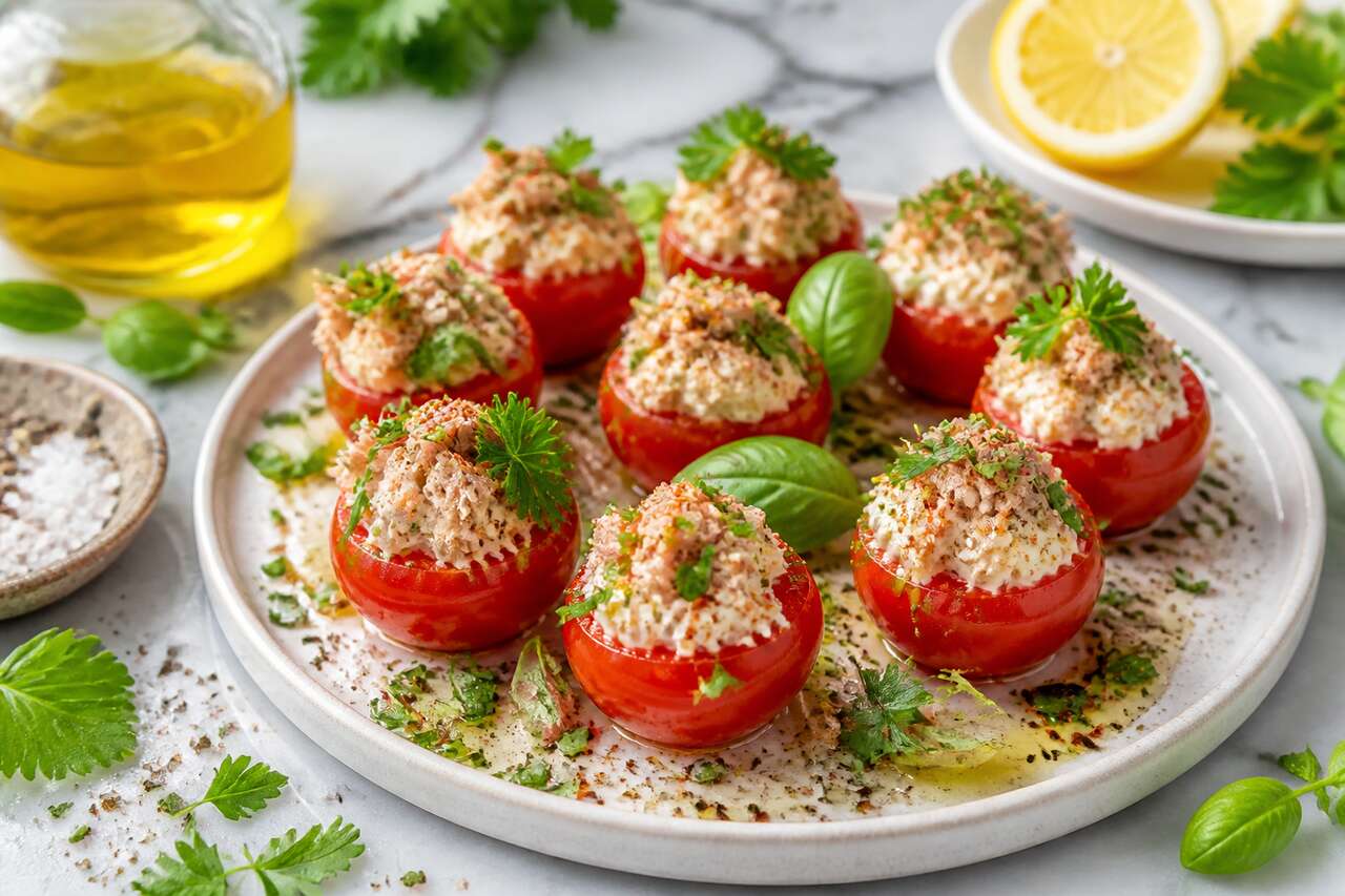 Recette de tomates cerises farcies au ch&egrave;vre frais, thon et fines herbes