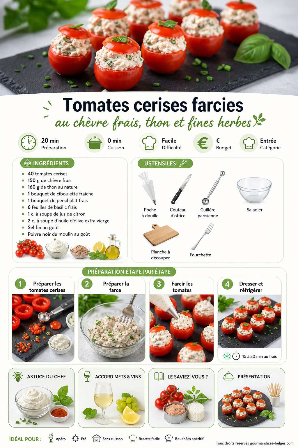 Fiche recette Recette de tomates cerises farcies au ch&egrave;vre frais, thon et fines herbes