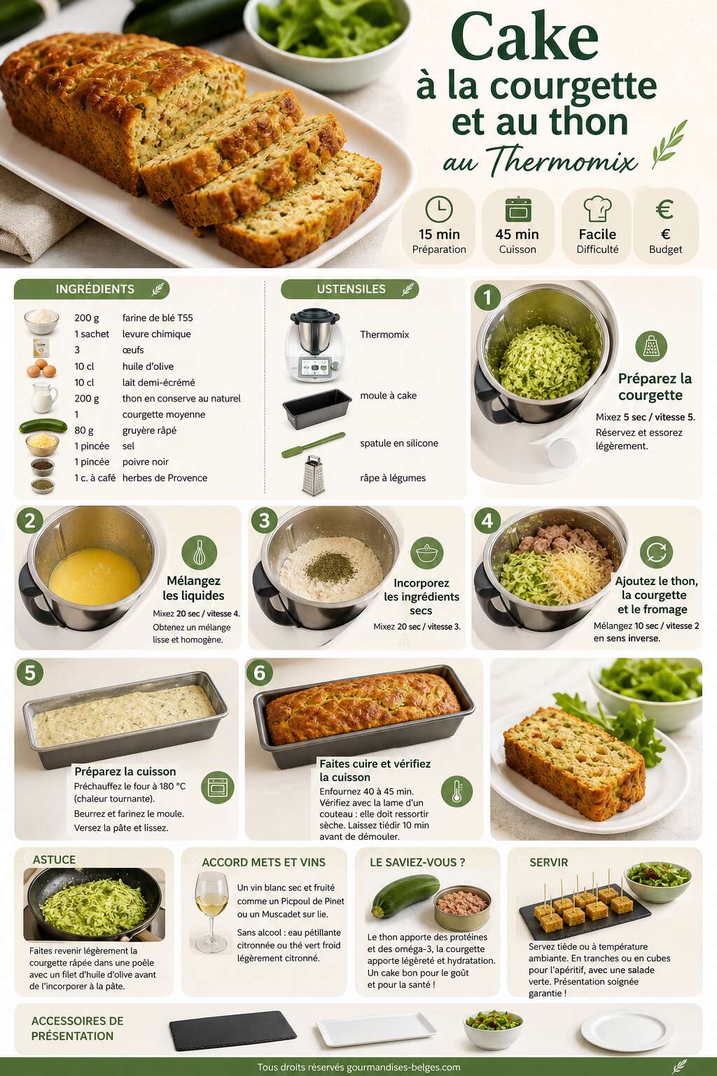 Fiche recette Cake &agrave; la courgette et au thon au Thermomix : la recette facile et savoureuse