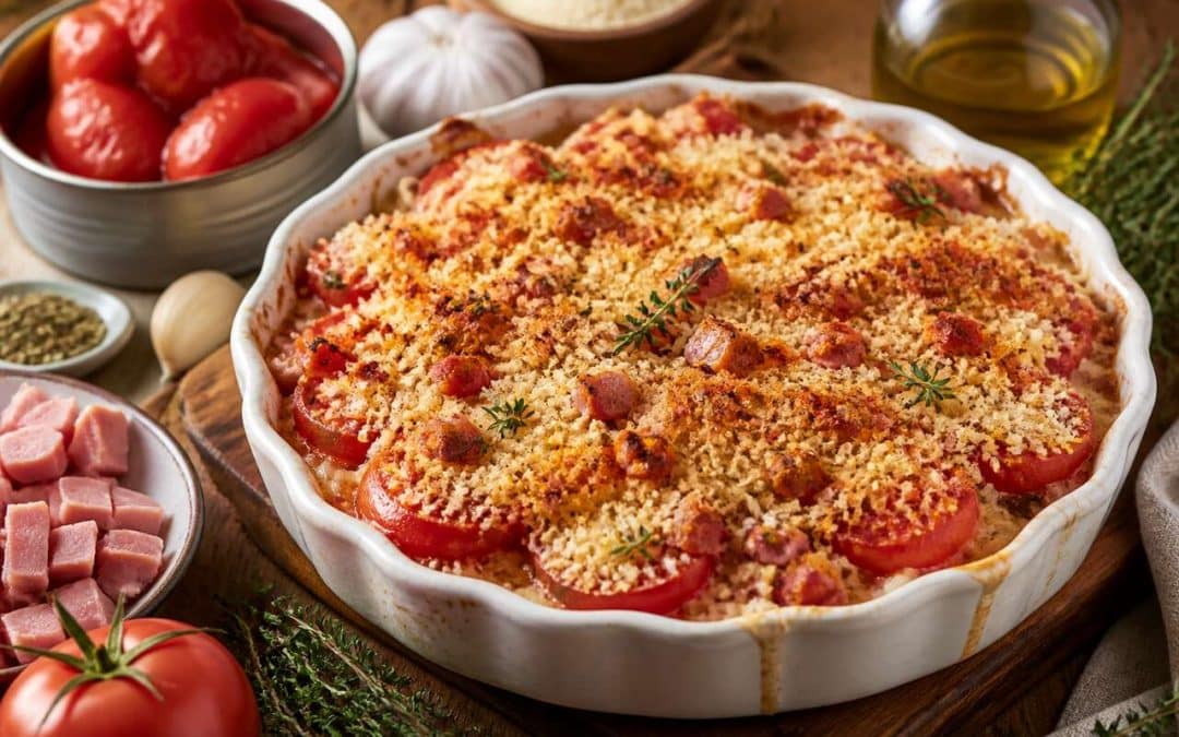 Recette du gratin croustillant de tomates au jambon