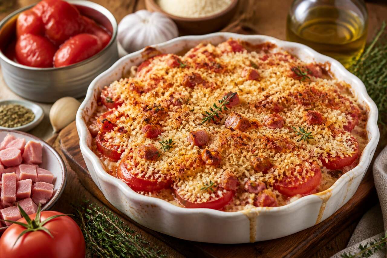 Recette du gratin croustillant de tomates au jambon