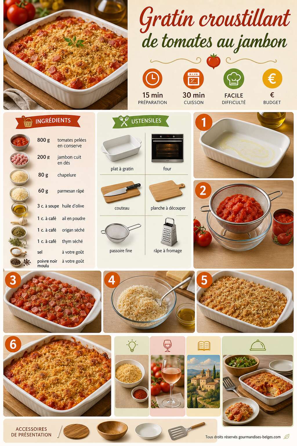 Fiche recette Recette du gratin croustillant de tomates au jambon
