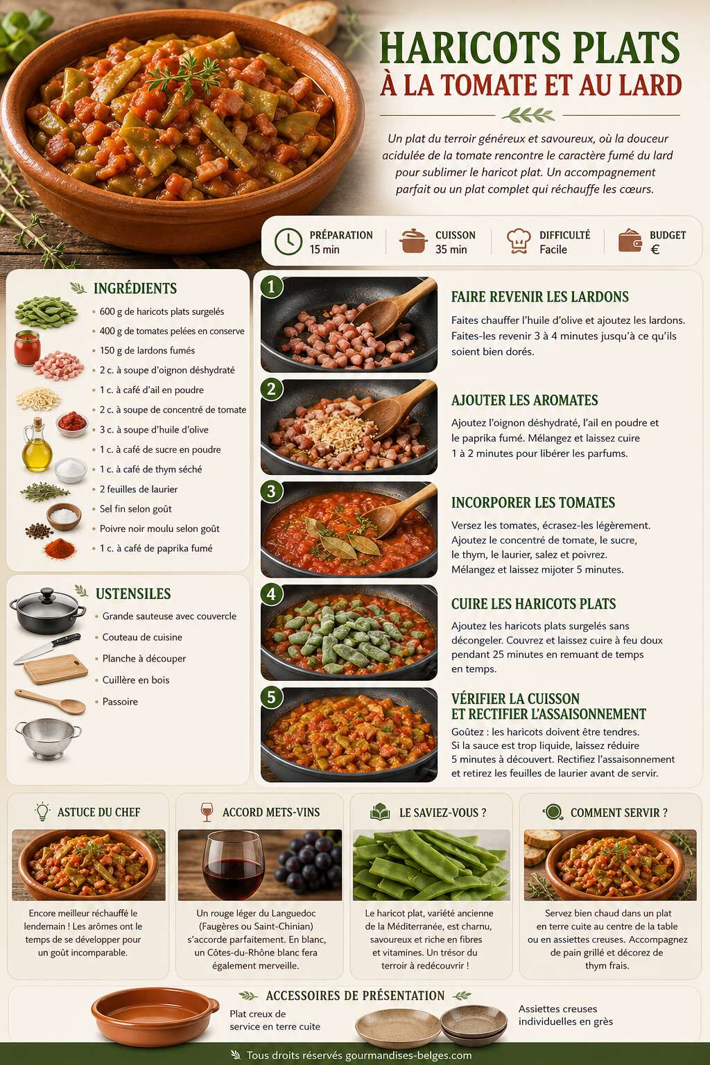 Fiche recette Recette de haricots plats &agrave; la tomate et au lard