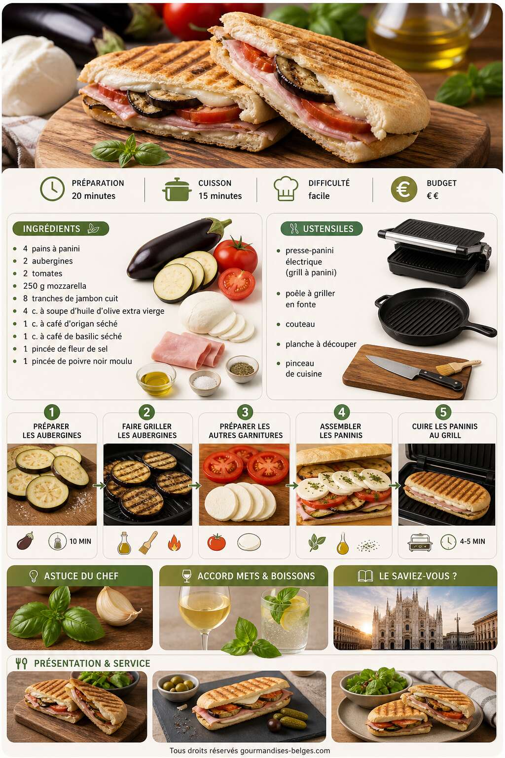 Fiche recette Recette du panini aux aubergines, mozzarella, tomates et jambon