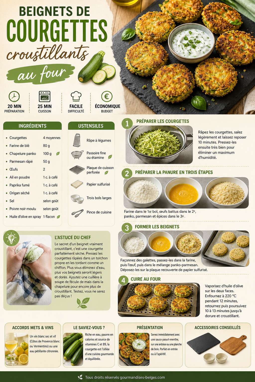 Fiche recette Recette de beignets de courgettes croustillants au four