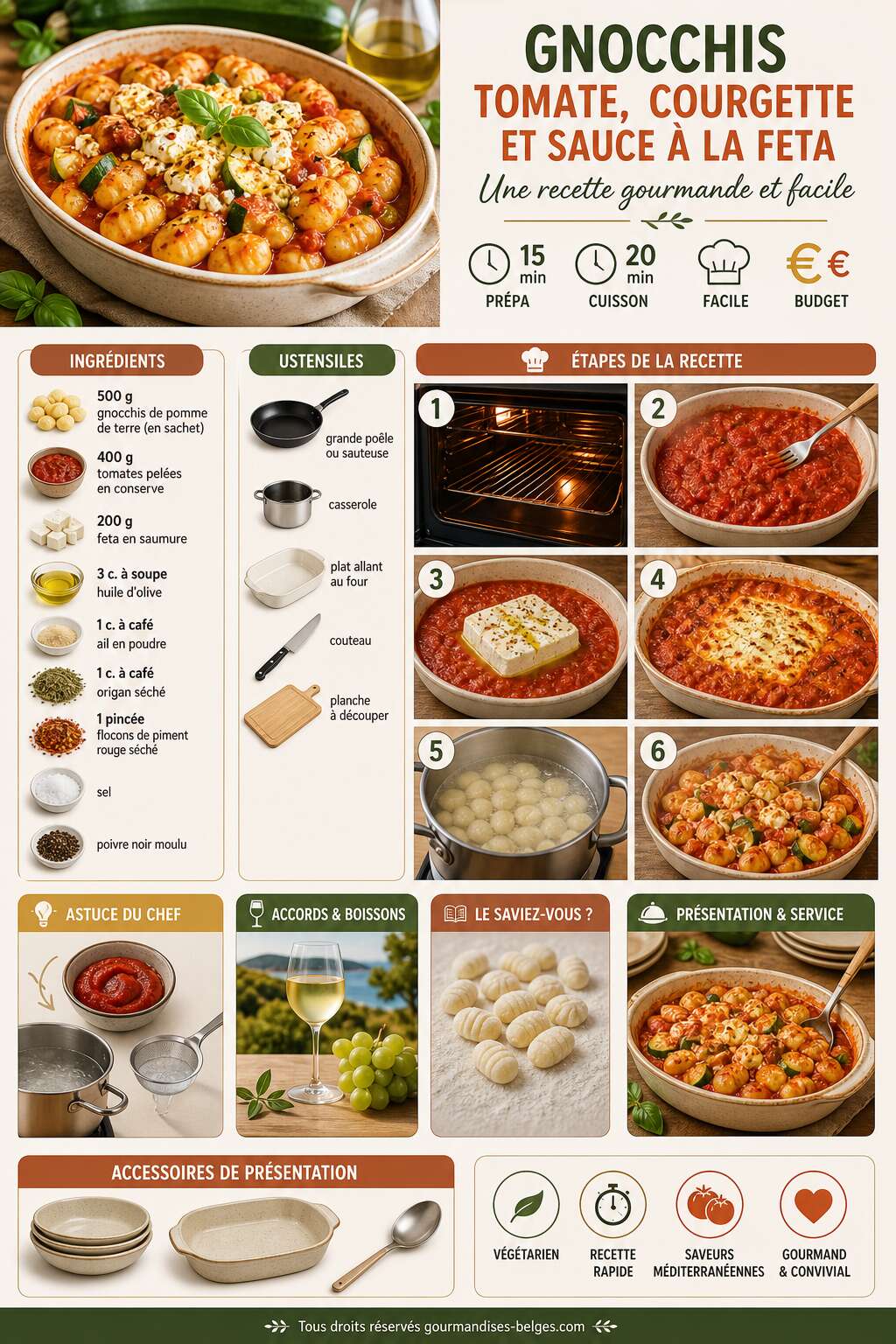 Fiche recette Gnocchis tomate, courgette et sauce &agrave; la feta : une recette gourmande et facile