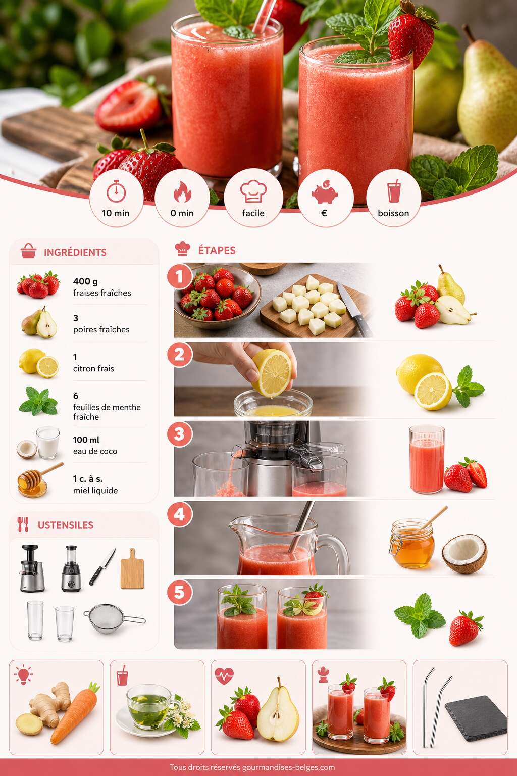 Fiche recette Recette de jus de fraises et de poires frais et vitamin&eacute;