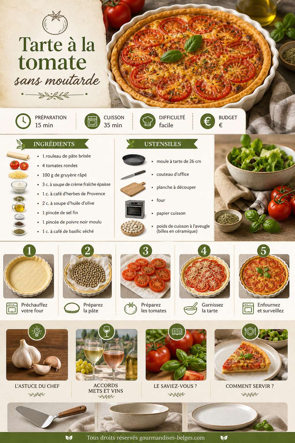 Fiche recette Recette de tarte &agrave; la tomate sans moutarde : simple et savoureuse