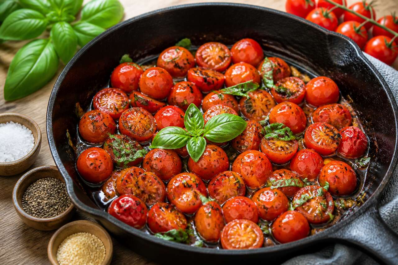 Recette facile de tomates cerises po&ecirc;l&eacute;es au basilic