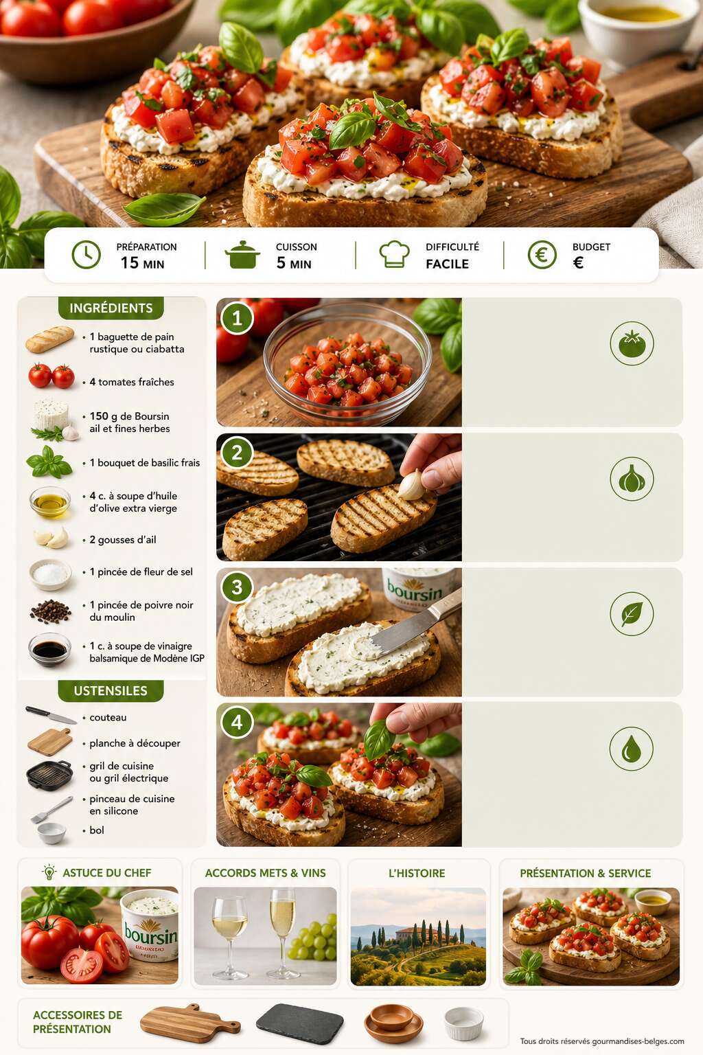 Fiche recette Recette de bruschetta aux tomates, basilic et Boursin