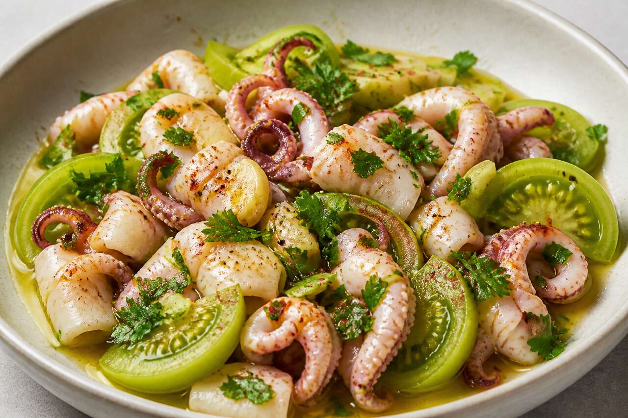 Recette de poêlée d'encornets aux tomates vertes de Cyril Lignac