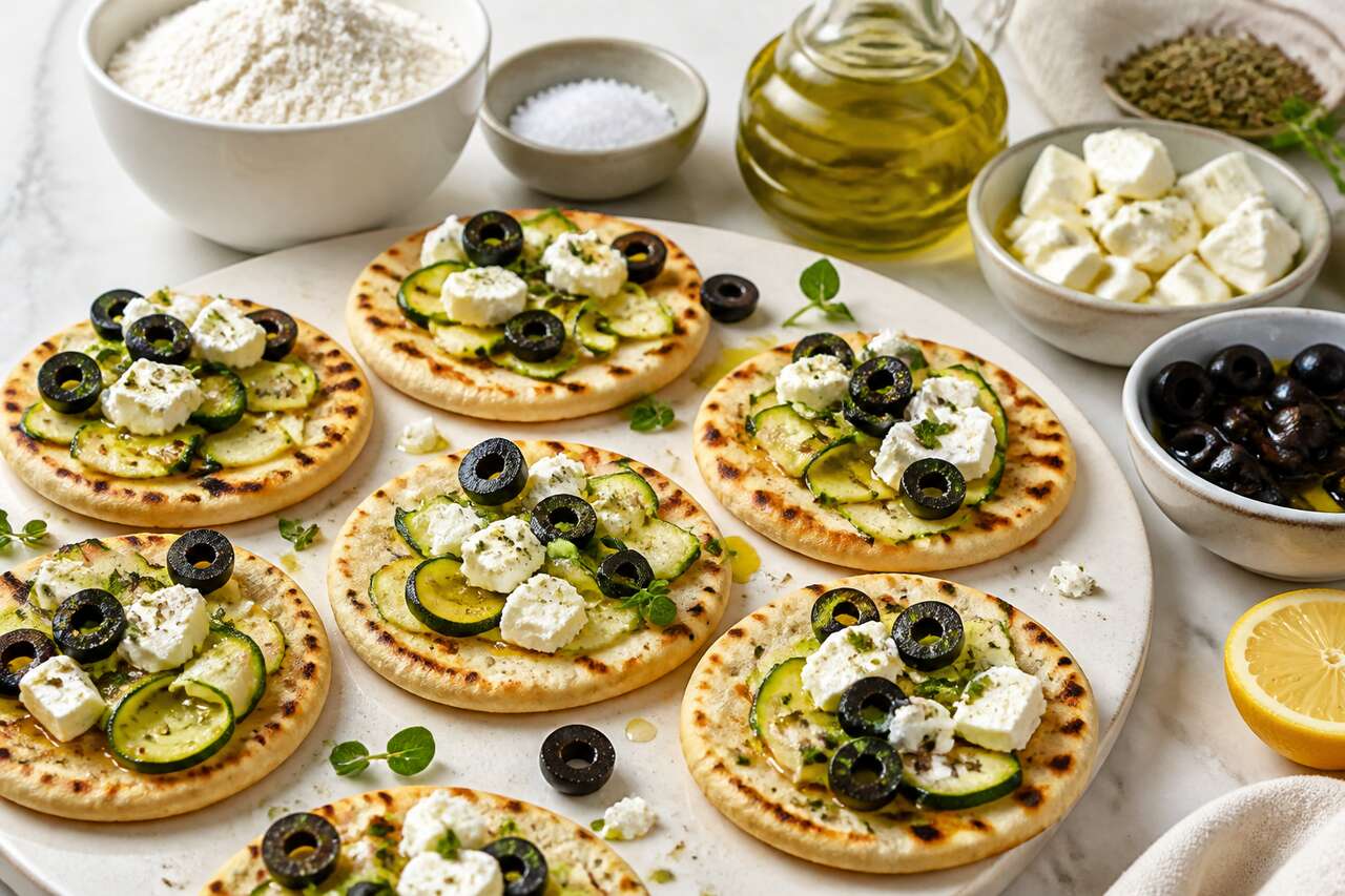 Recette de mini piadina courgette, feta et olive