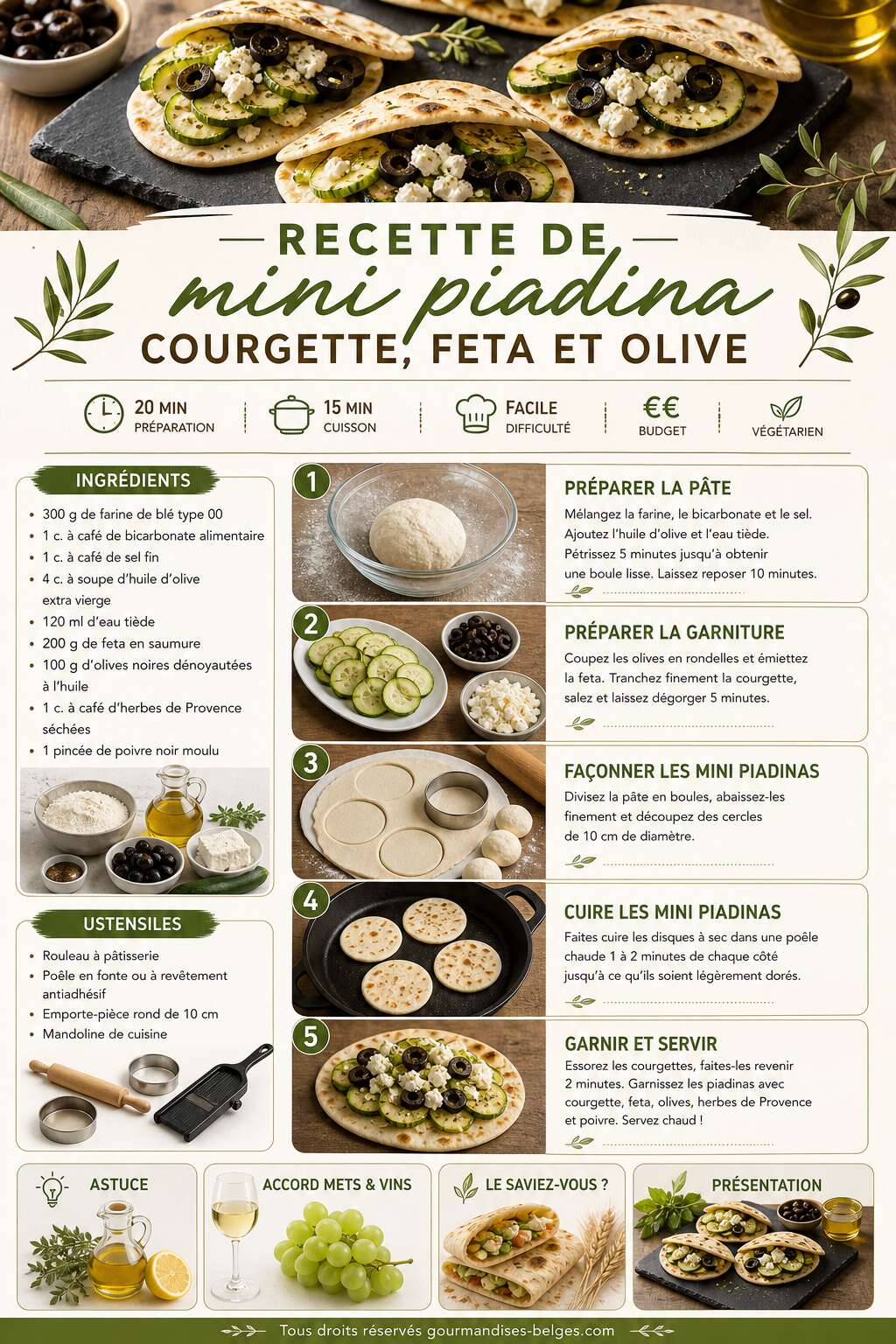 Fiche recette Recette de mini piadina courgette, feta et olive