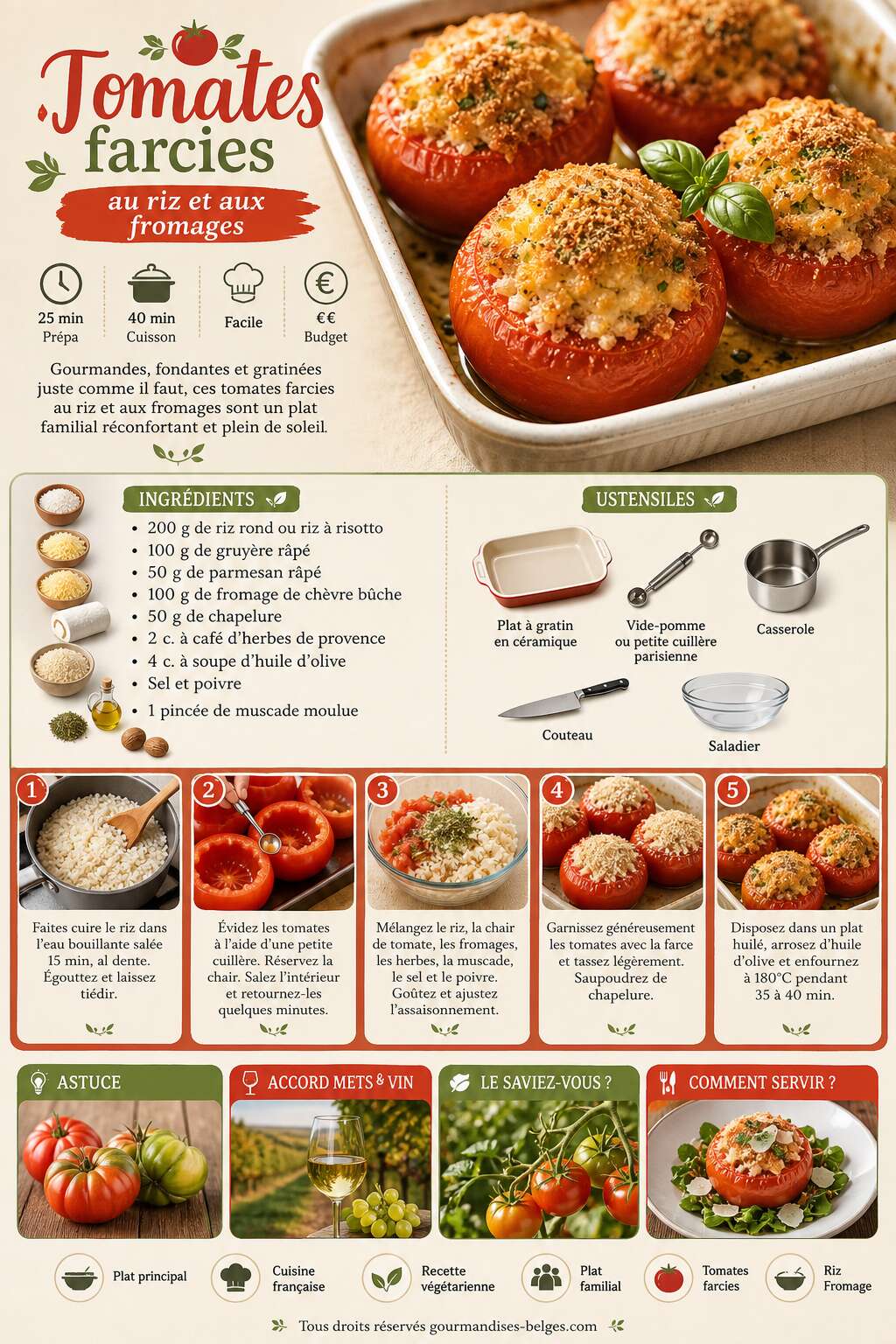 Fiche recette Recette de tomates farcies au riz et aux fromages