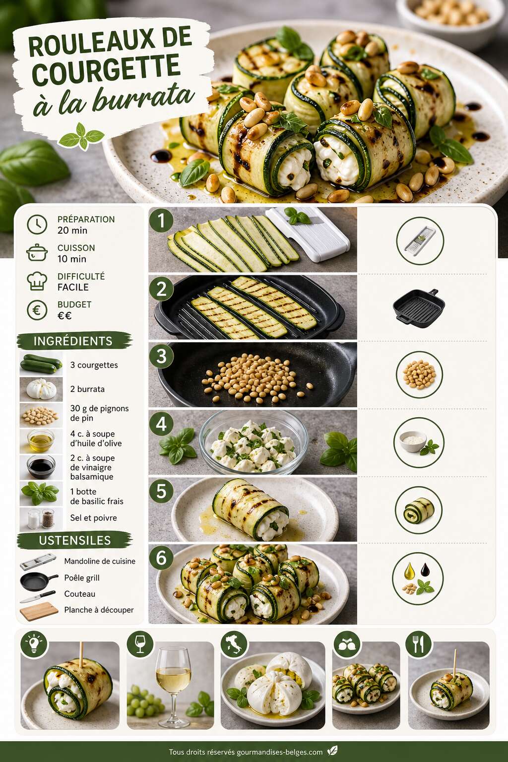 Fiche recette Recette facile de rouleaux de courgette à la burrata Fiche recette Recette facile de rouleaux de courgette à la burrata