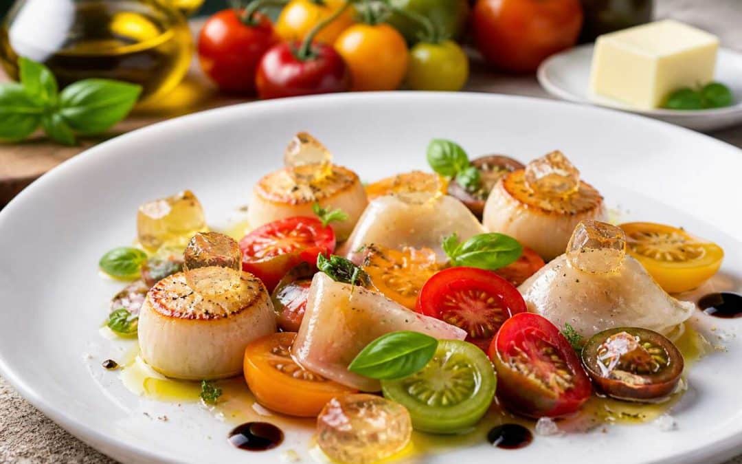 Recette de tomates en folie : dégradé de couleur, raviole de Saint-Jacques et gelée de tomate