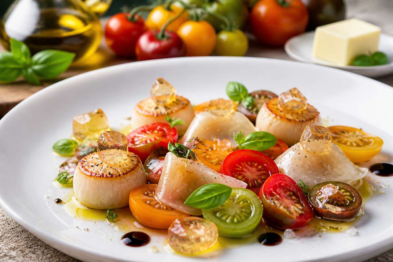 Recette de tomates en folie : d&eacute;grad&eacute; de couleur, raviole de Saint-Jacques et gel&eacute;e de tomate