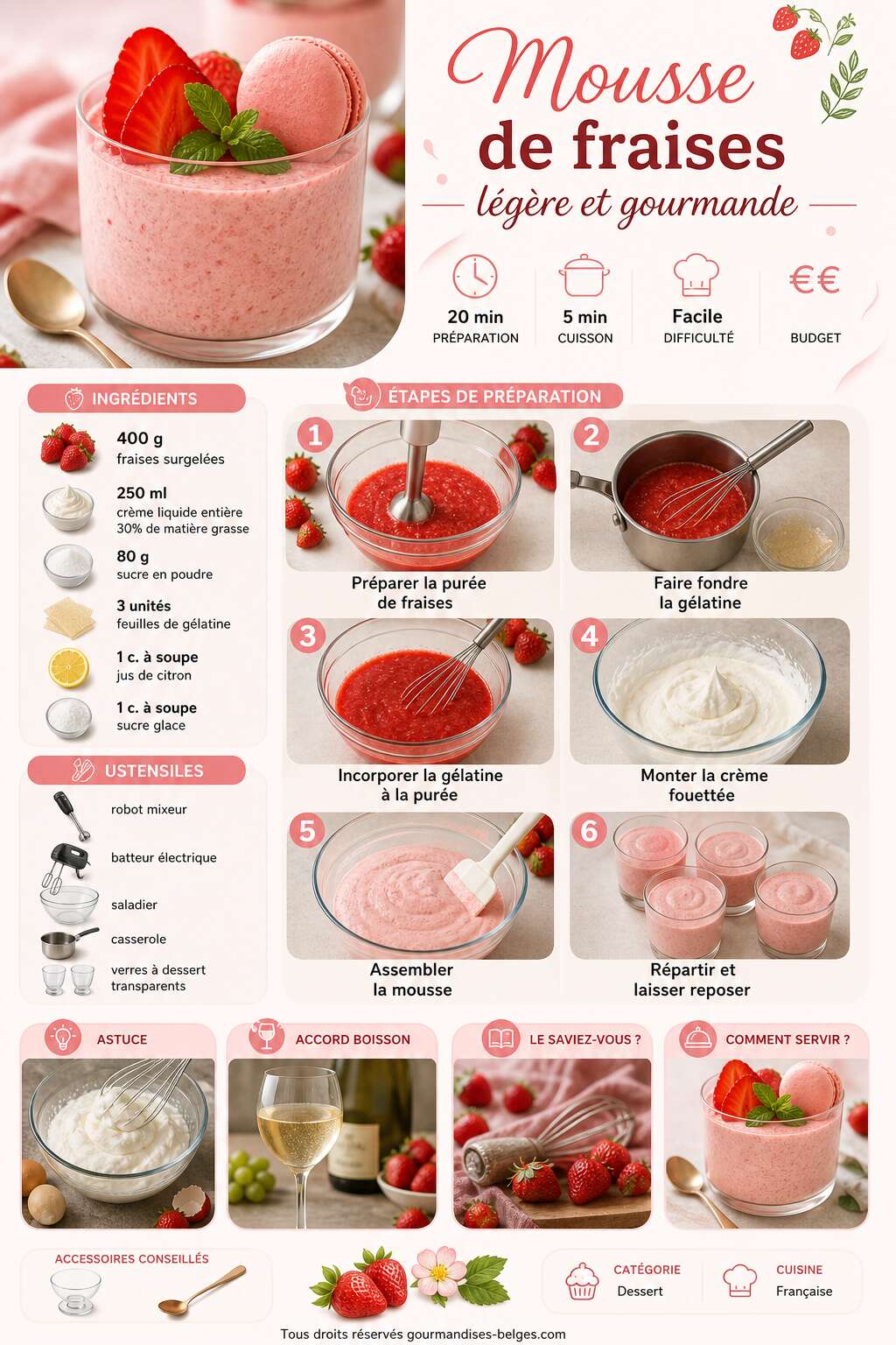 Fiche recette Recette de mousse de fraises légère et gourmande Fiche recette Recette de mousse de fraises légère et gourmande
