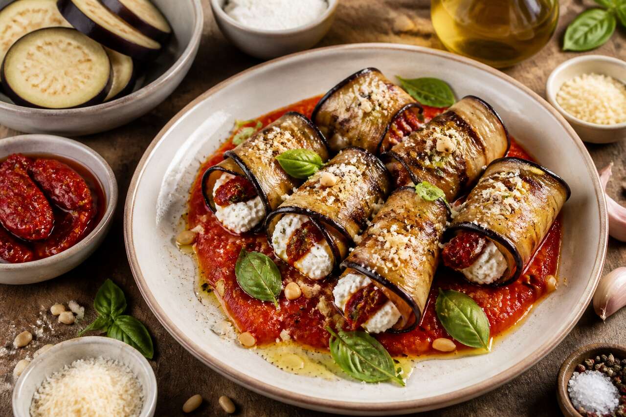 Roulades d'aubergines farcies &agrave; la ricotta et aux tomates s&eacute;ch&eacute;es : la recette facile et gourmande