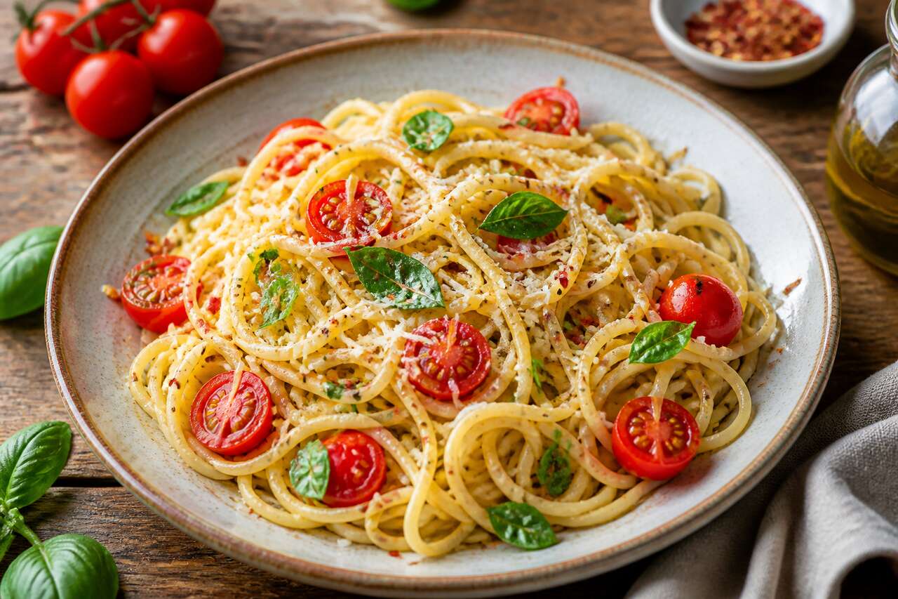 Recette de p&acirc;tes minute aux tomates cerises, basilic et parmesan