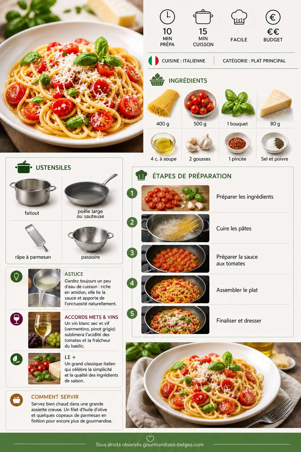 Fiche recette Recette de p&acirc;tes minute aux tomates cerises, basilic et parmesan