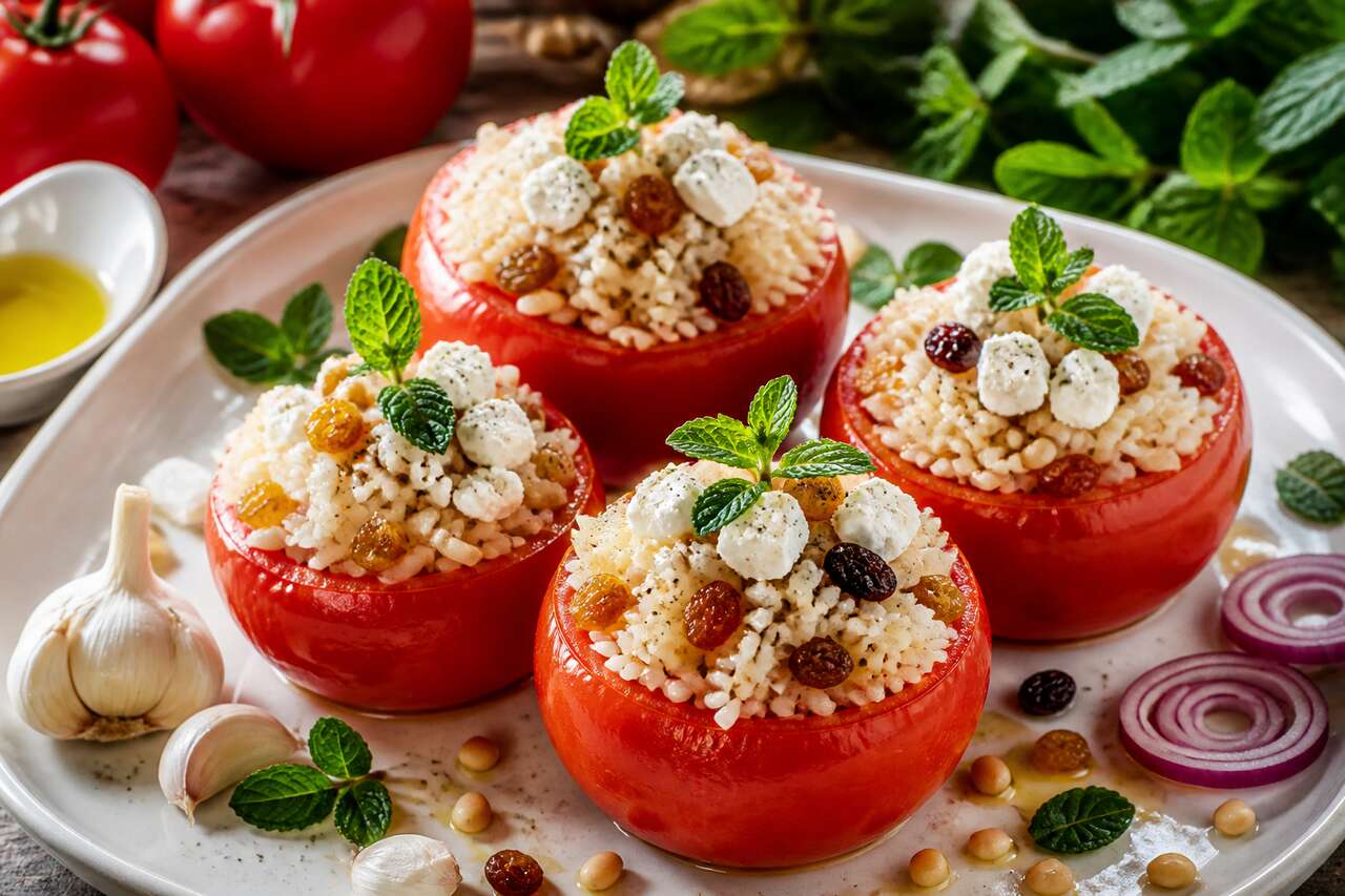Recette de tomates farcies au riz, pignons, raisins secs et feta
