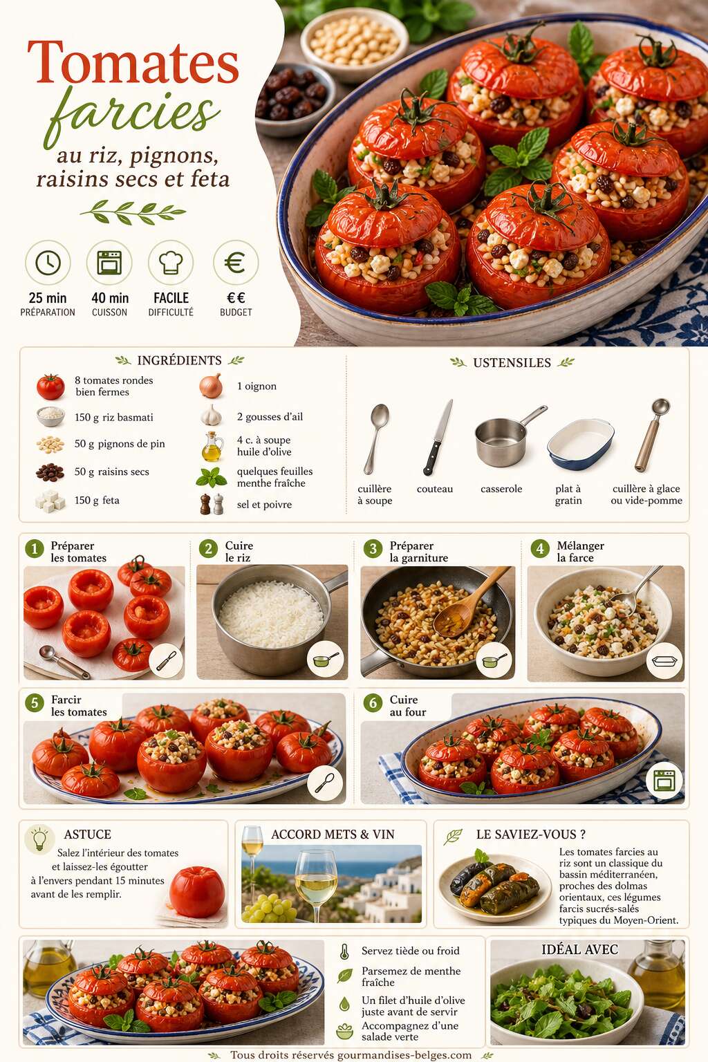 Fiche recette Recette de tomates farcies au riz, pignons, raisins secs et feta