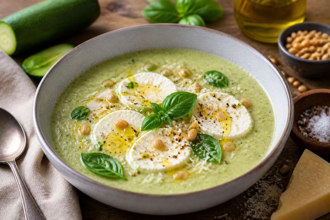 Recette du velout&eacute; de courgette &agrave; la mozzarella et au basilic