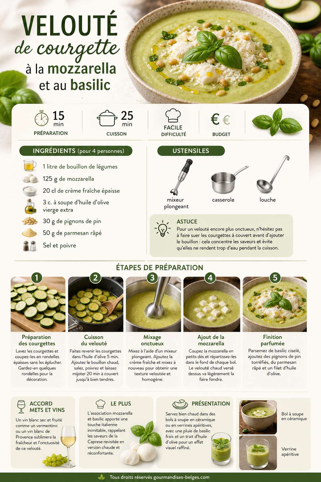 Fiche recette Recette du velout&eacute; de courgette &agrave; la mozzarella et au basilic