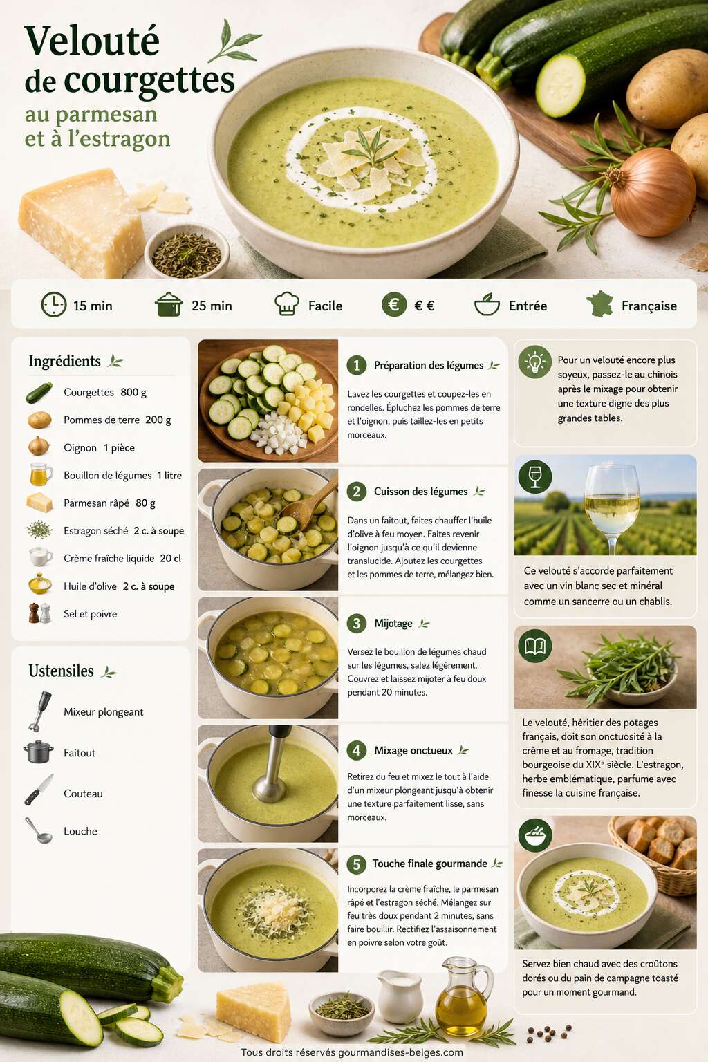 Fiche recette Velout&eacute; de courgettes au parmesan et &agrave; l'estragon : une recette onctueuse et parfum&eacute;e