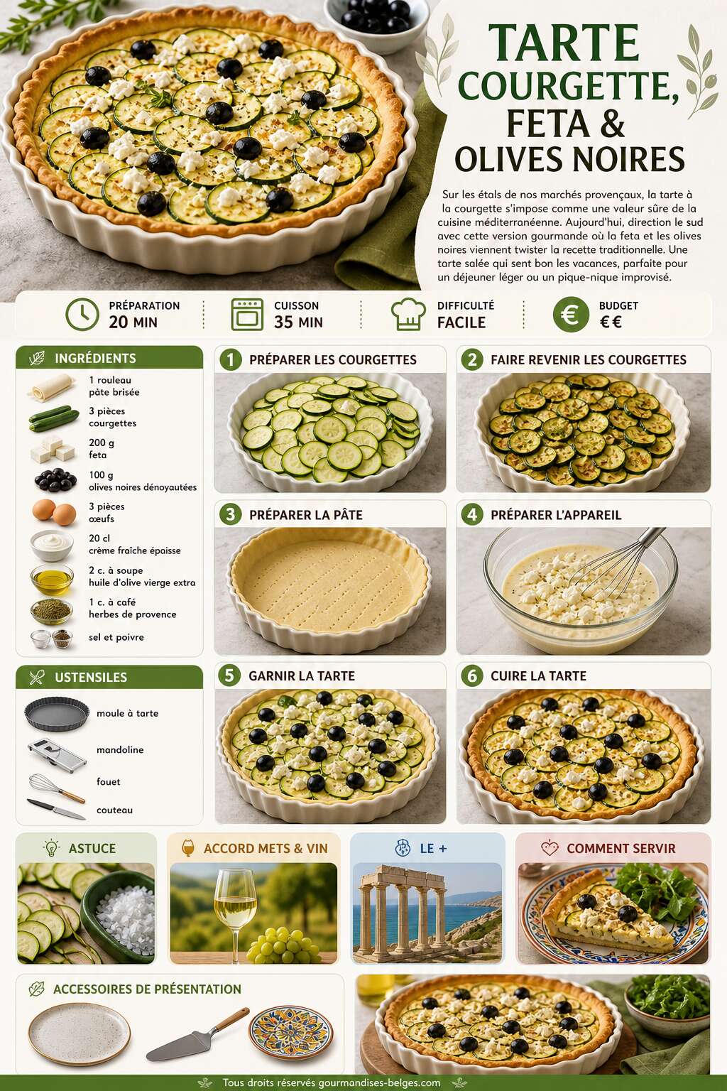 Fiche recette Recette de tarte courgette, feta et olives noires Fiche recette Recette de tarte courgette, feta et olives noires