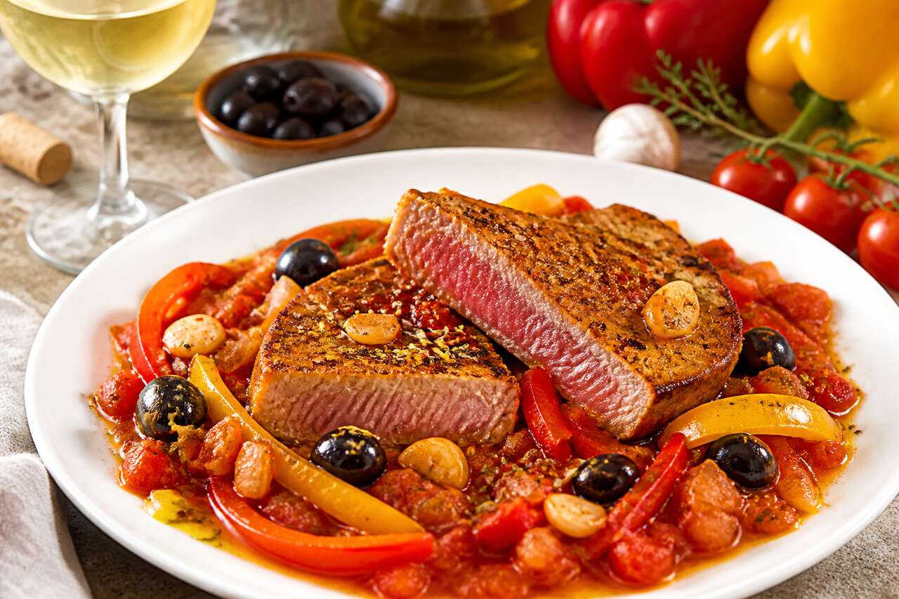 Recette de thon brais&eacute; aux tomates et aux poivrons