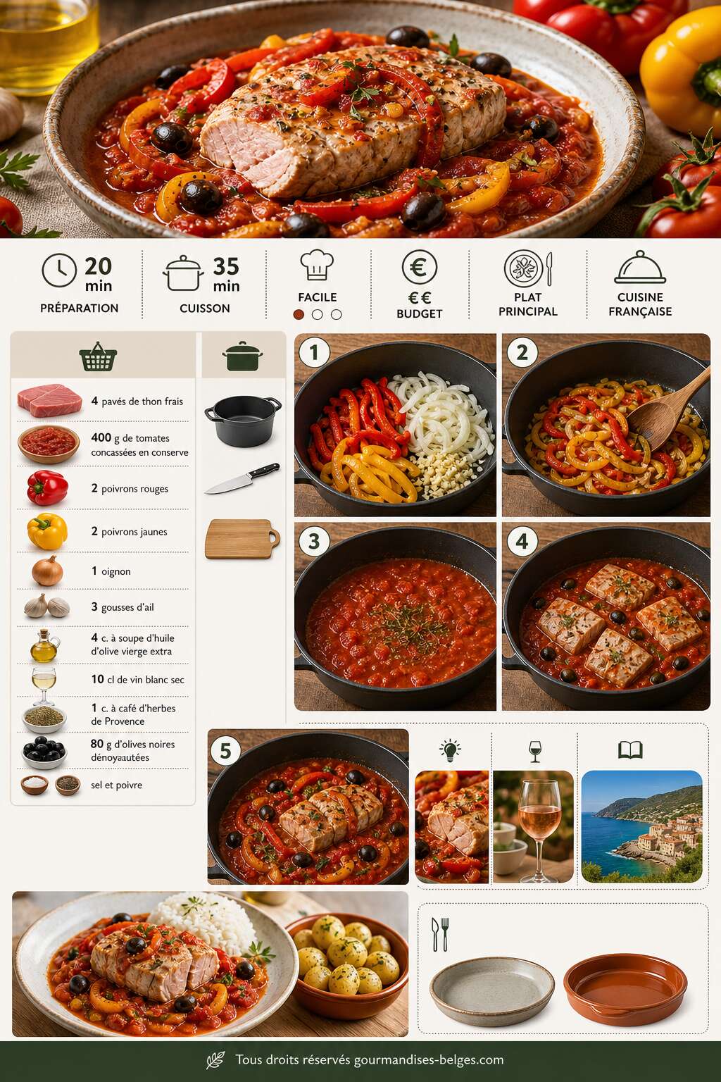 Fiche recette Recette de thon brais&eacute; aux tomates et aux poivrons