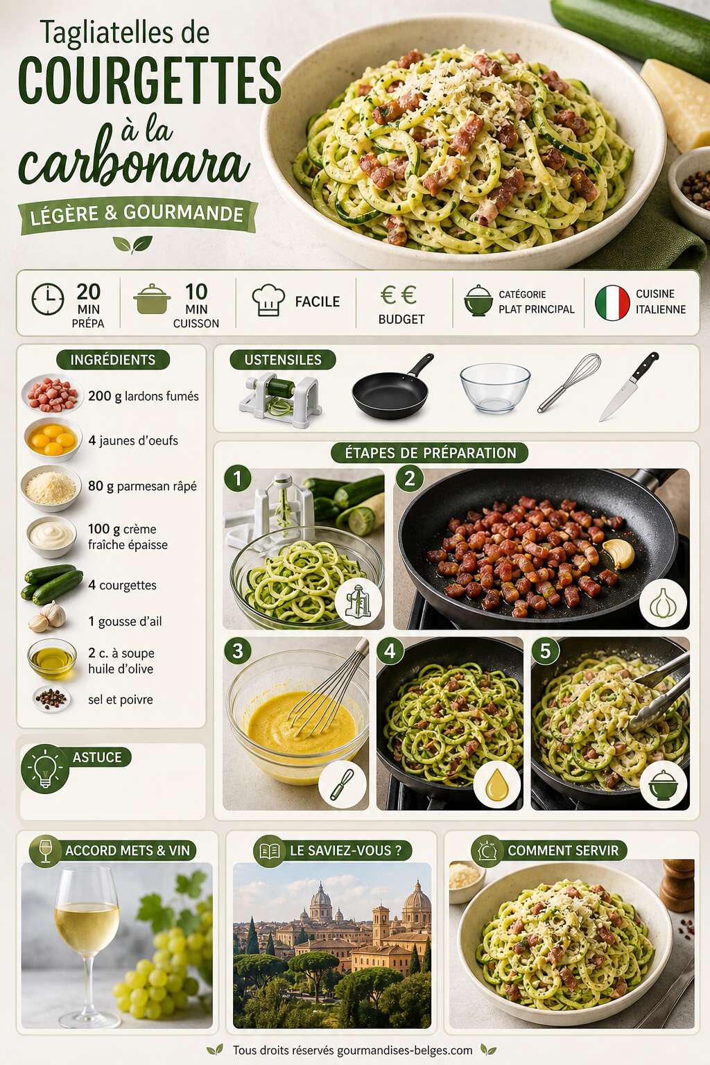 Fiche recette Tagliatelles de courgettes &agrave; la carbonara : la recette l&eacute;g&egrave;re et gourmande