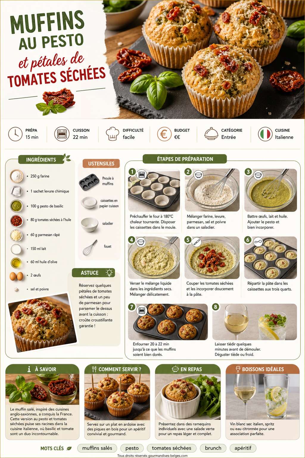 Fiche recette Recette de muffins au pesto et p&eacute;tales de tomates