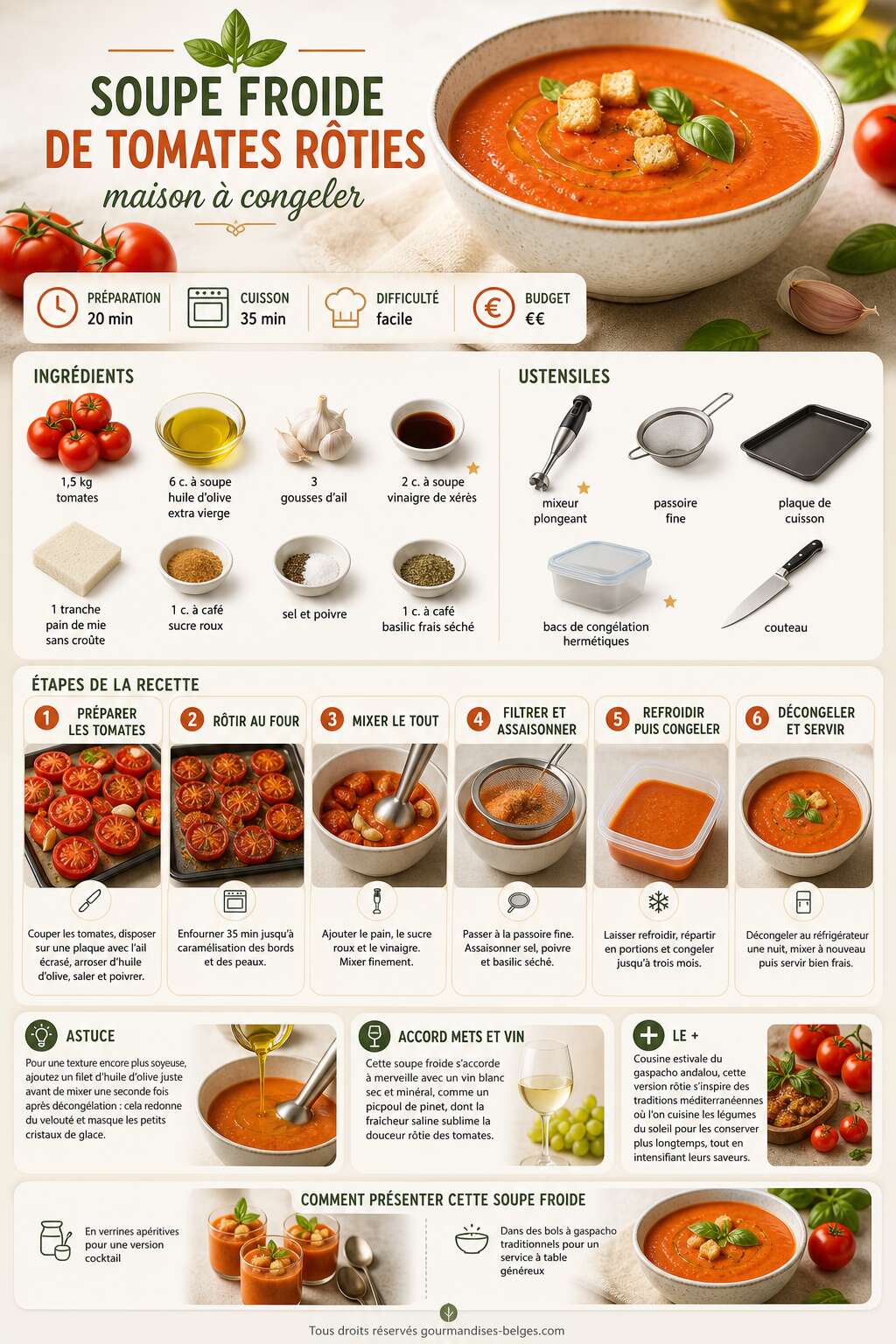 Fiche recette Recette de soupe froide de tomates r&ocirc;ties maison &agrave; congeler