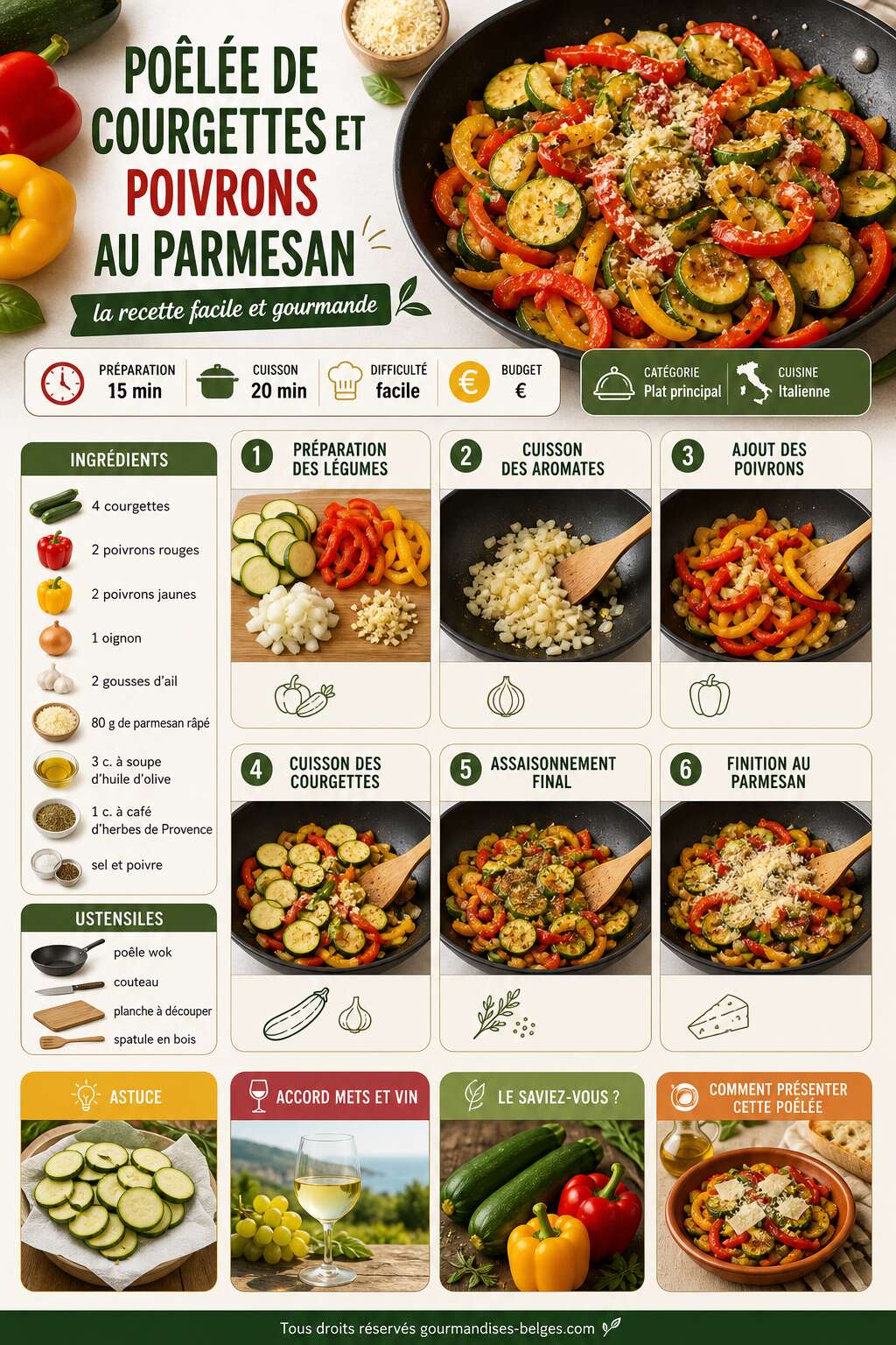 Fiche recette Po&ecirc;l&eacute;e de courgettes et poivrons au parmesan : la recette facile et gourmande