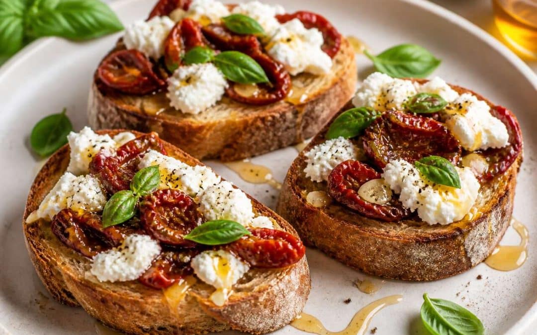 Bruschetta aux tomates confites et chèvre frais de Carinne Teyssandier : la recette facile et gourmande
