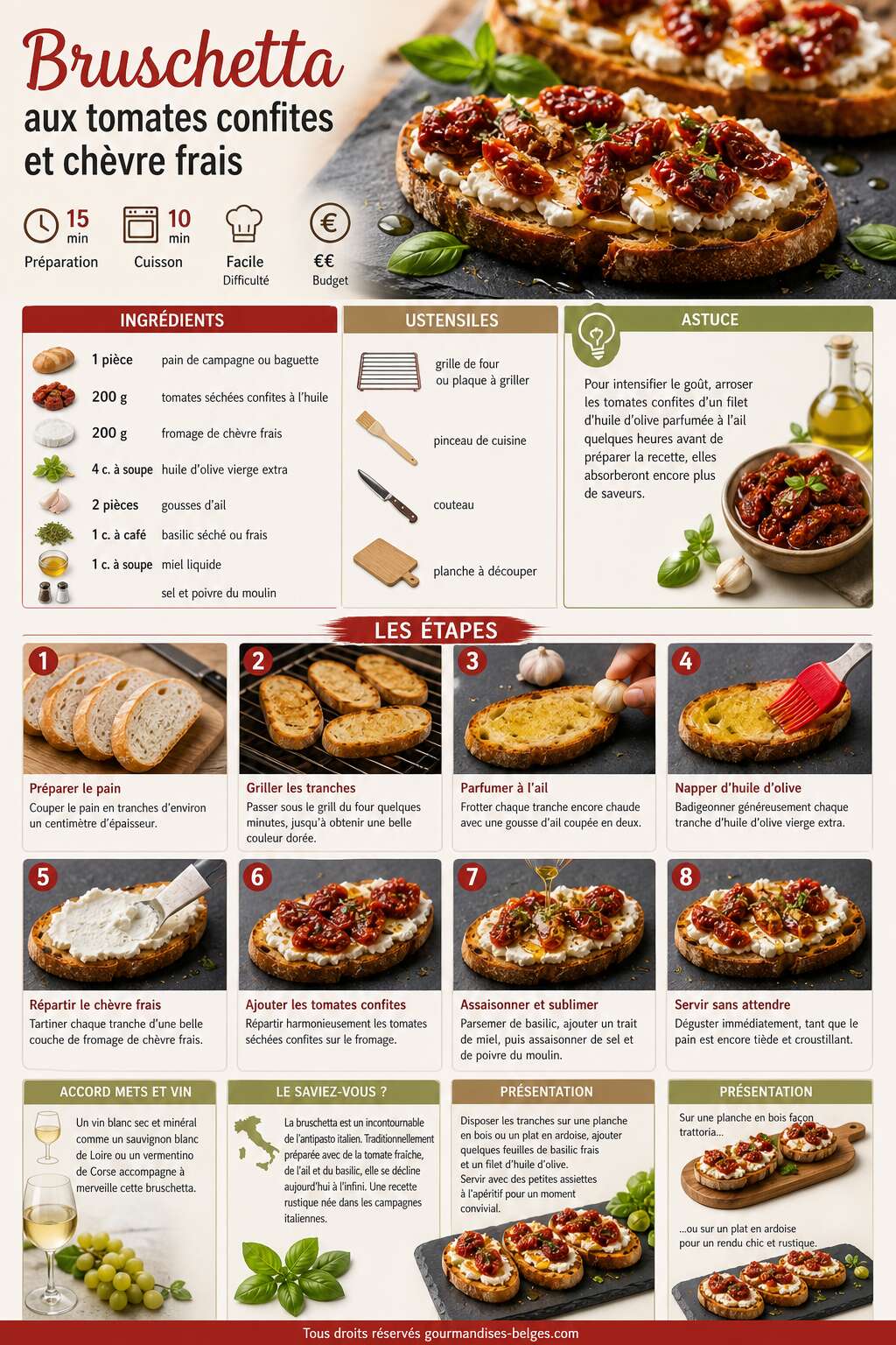 Fiche recette Bruschetta aux tomates confites et ch&egrave;vre frais de Carinne Teyssandier : la recette facile et gourmande