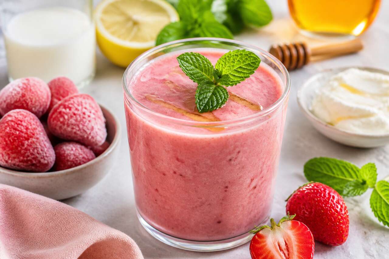 Recette de smoothie aux fraises, fromage blanc et menthe