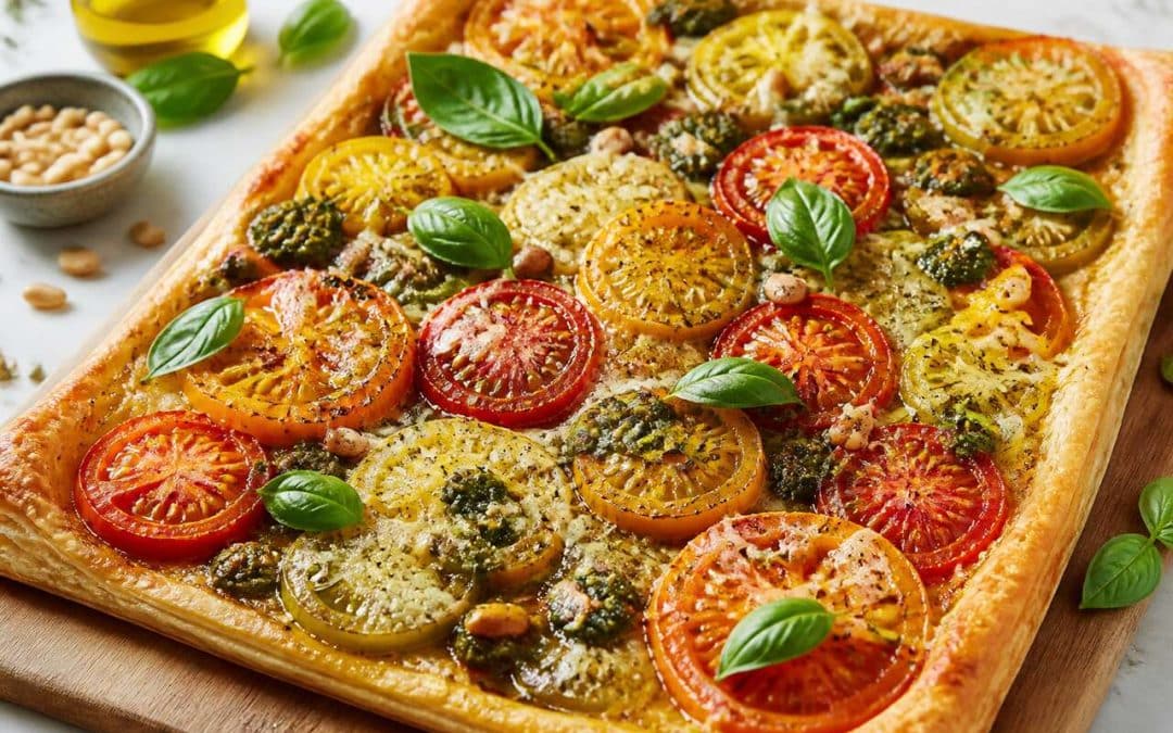 Recette de tarte fine au Grana Padano, tomates multicolores et pesto