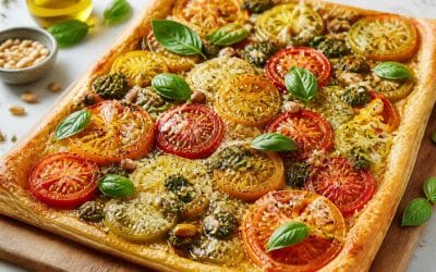 Recette de tarte fine au Grana Padano, tomates multicolores et pesto