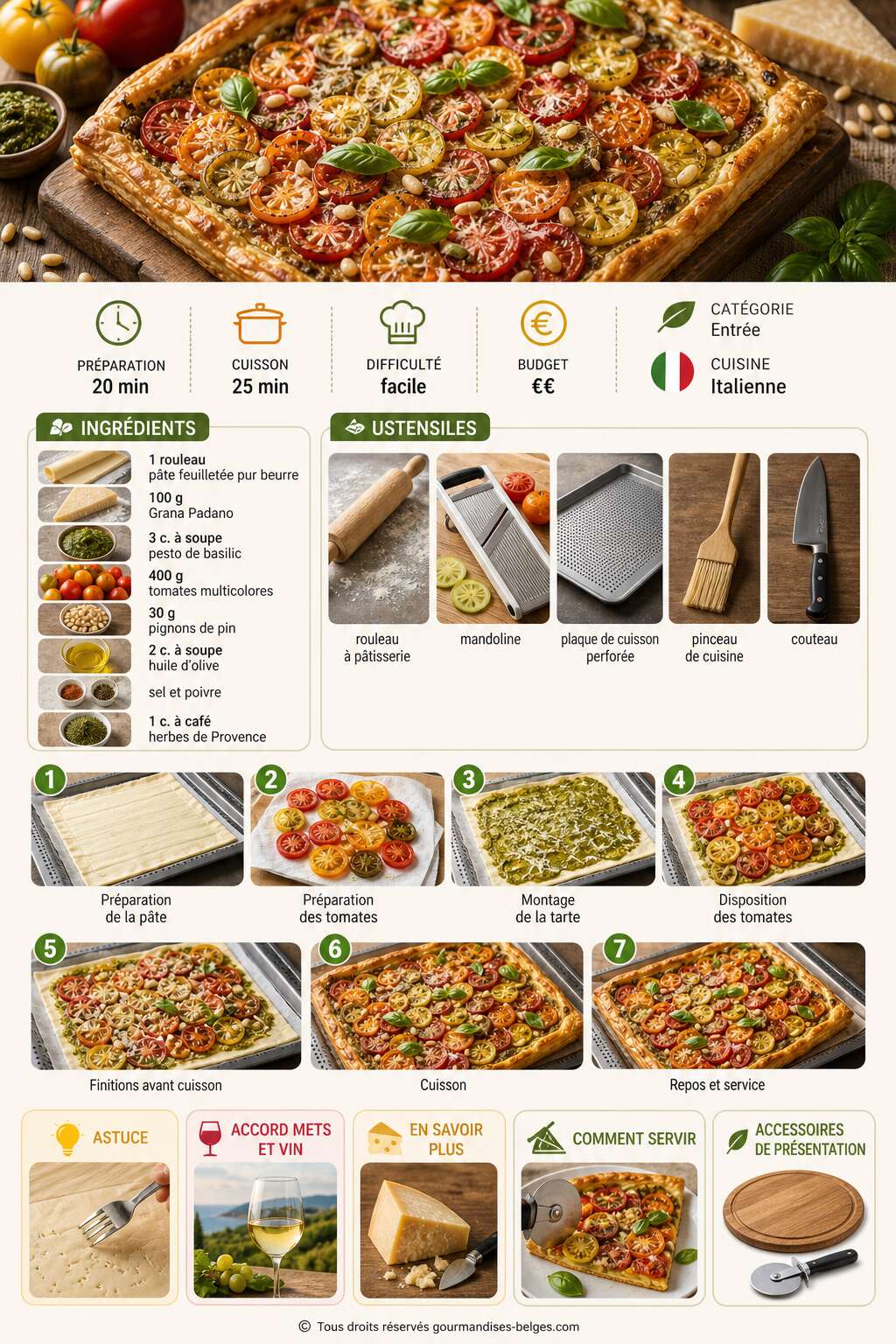 Fiche recette Recette de tarte fine au Grana Padano, tomates multicolores et pesto