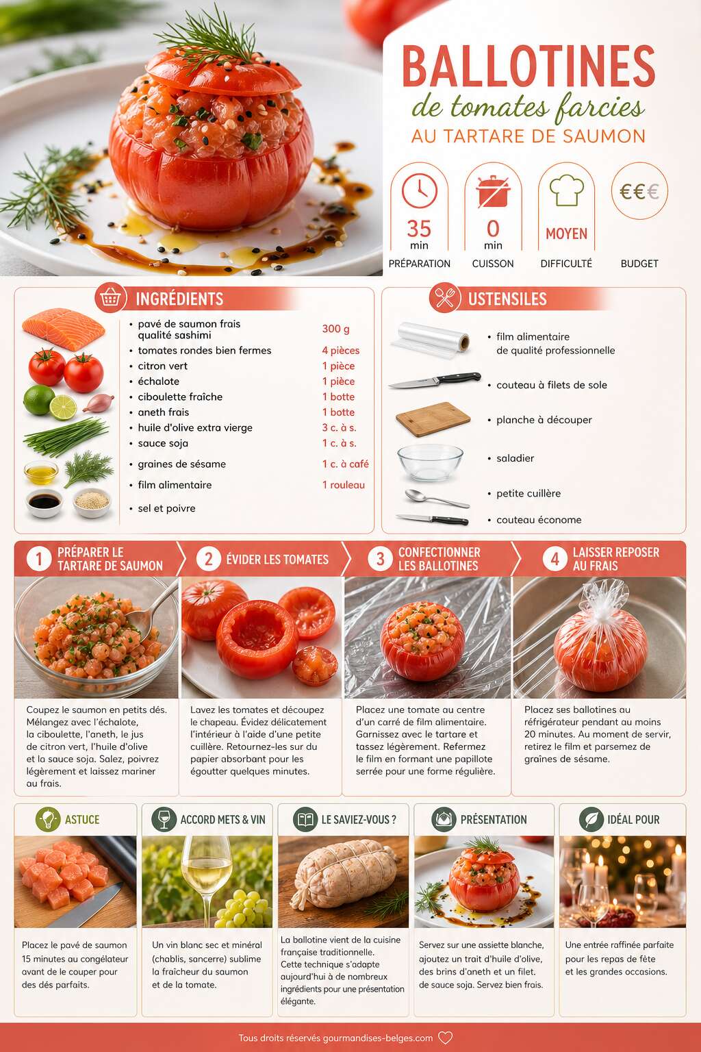 Fiche recette Recette de ballotines de tomates farcies au tartare de saumon Fiche recette Recette de ballotines de tomates farcies au tartare de saumon