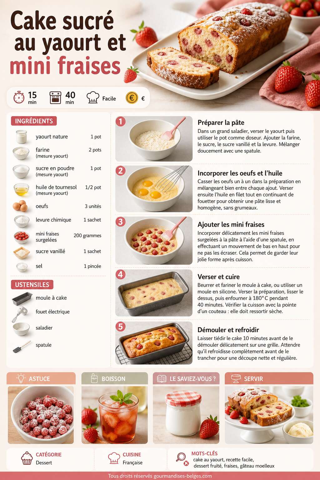 Fiche recette Recette facile de cake sucr&eacute; au yaourt et mini fraises