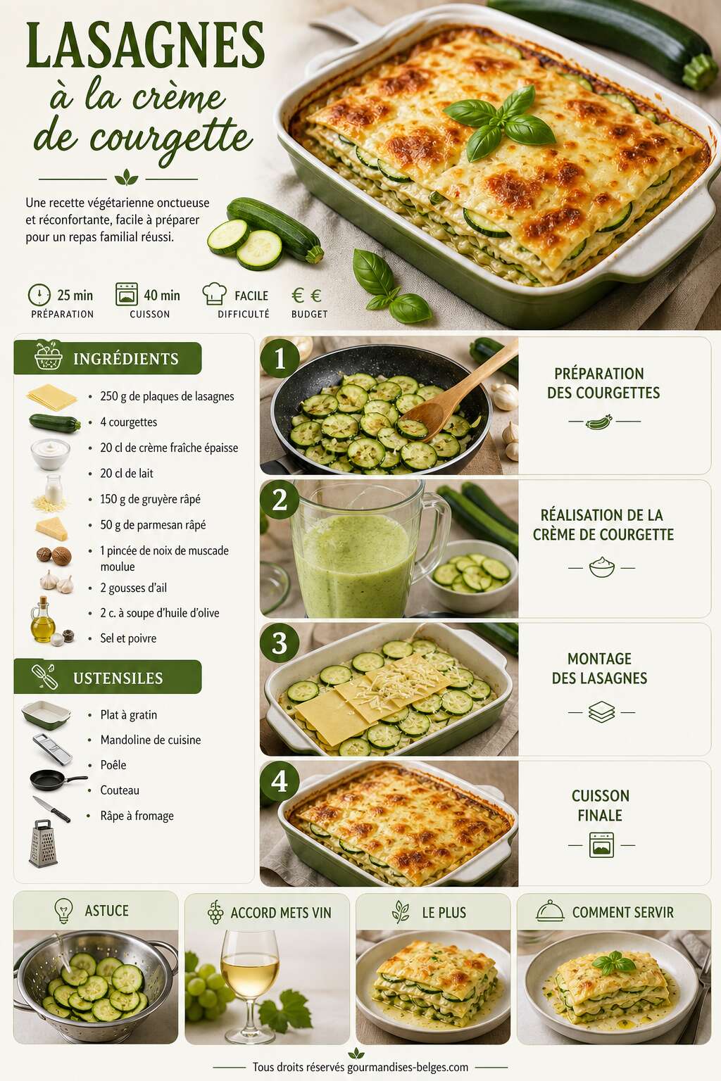 Fiche recette Lasagnes &agrave; la cr&egrave;me de courgette : la recette facile rep&eacute;r&eacute;e sur Pinterest
