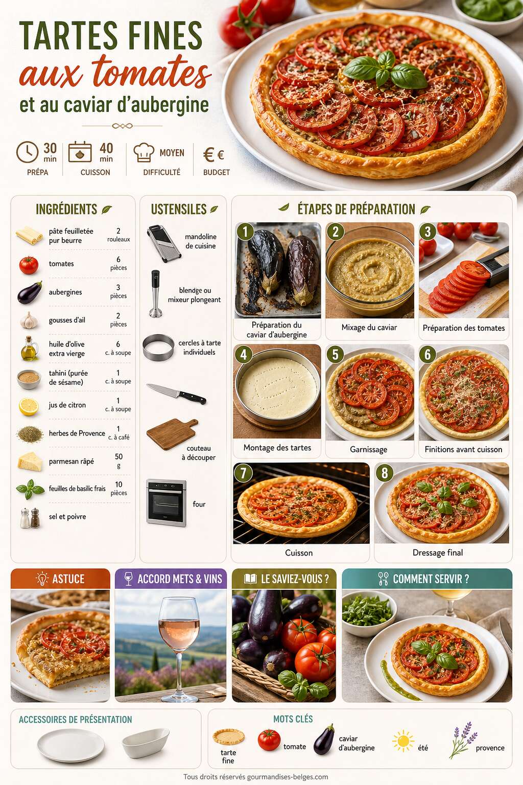Fiche recette Recette de tartes fines aux tomates et au caviar d'aubergine Fiche recette Recette de tartes fines aux tomates et au caviar d'aubergine