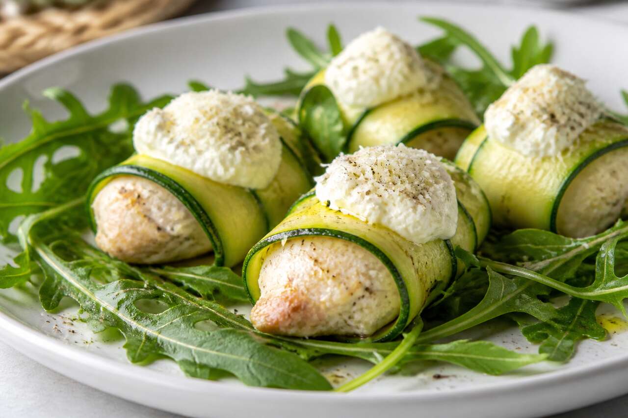 Roulé de courgettes au poulet, roquette et mousse légère au Grana Padano : la recette fraîche et gourmande